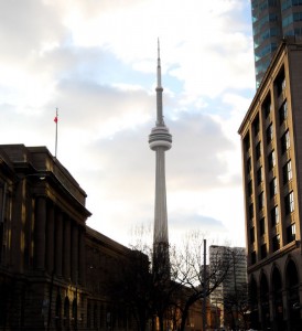 The CN Tower spires above Toronto